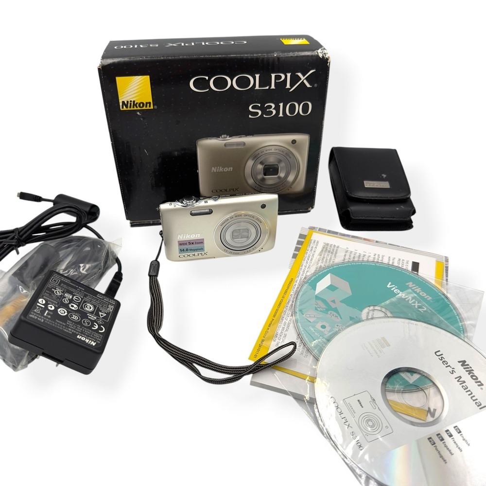 Nikon COOLPIX S3100 14MP Champagne Digital Camera 5X Zoom Charger Bundle TESTED